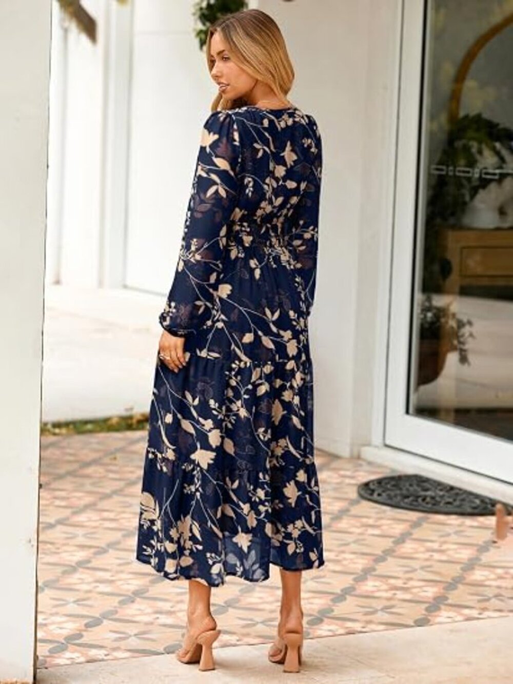 Women's Floral Boho Long Sleeve Maxi Dress V Neck Empire Waist Swing Flowy Weddi - Picture 5 of 5